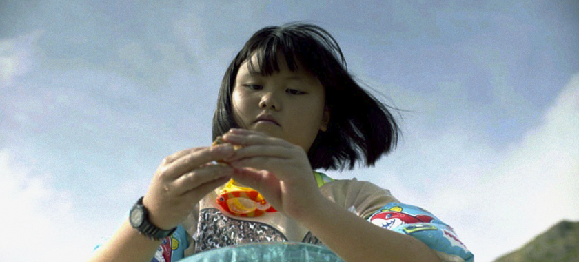 Yuki, a young Japanese-American girl, stands on the shore at Baby Makapuu in Oahu, examining a small shell.