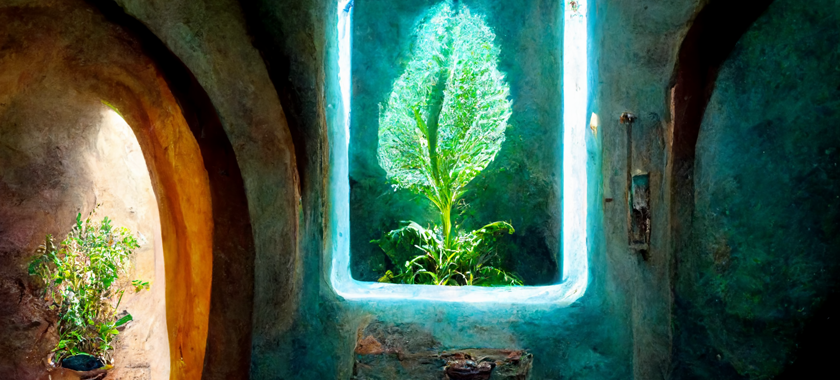 An illustration of a futuristic workshop with a glowing plant inside an adobe building