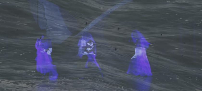 collaged image of water and three silhouetted bodies in white dresses and purple lights, with a wave of water behind them.