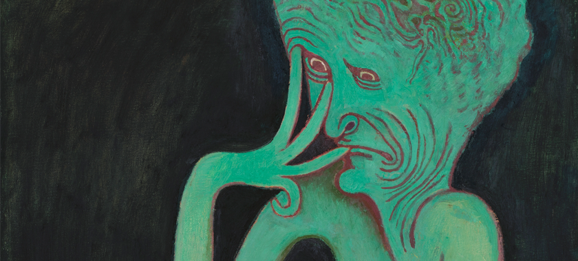Painting of green creature with hand to his face, fingers twirled.