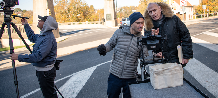 Shimon Attie and two colleagues during the making of "Starstruck: An American Tale" in Bethlehem, PA