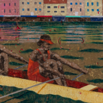 Derek Fordjour artwork featuring two rowers in the water, buildings behind them