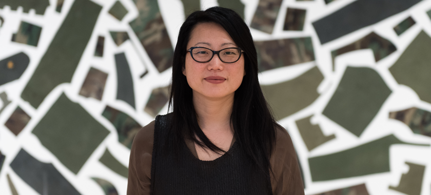 Jean Shin in front of an installation at Philadelphia Museum of Art