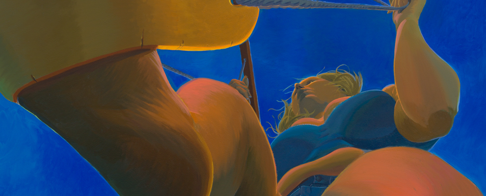 Detail of a painting of a woman in a bikini on an elevated platform, viewed from below