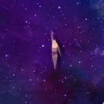 Animated still of a swimmer not in water, but in a galaxy of stars