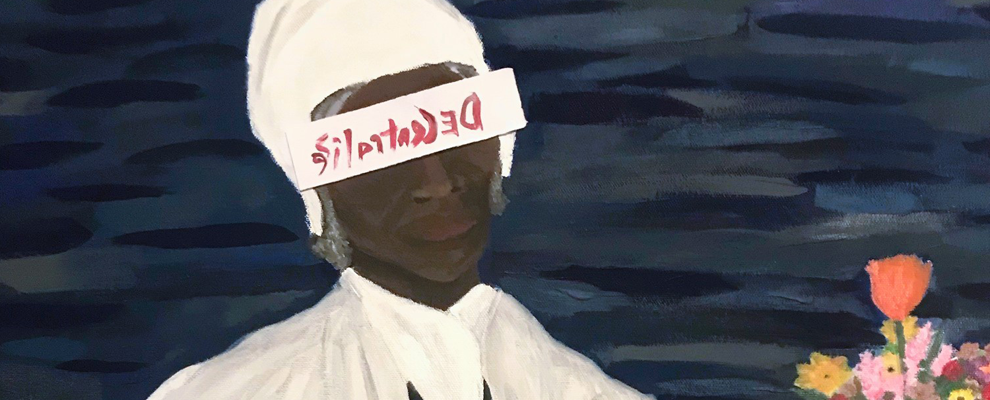 Detail of a painting of Sojourner Truth with the word "Decentralized" written backwards over her eyes
