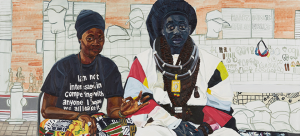 Jordan Casteel painting of two individuals looking straight at the viewer, one making a sign with their fingers