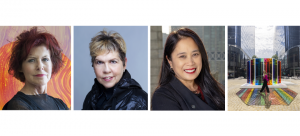 Image composite featuring headshots of Marylyn Dintenfass, Carmelita Tropicana, and Anne del Castillo, and an image of Brookfield Properties.