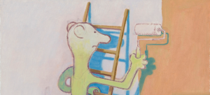 A yellowy-green human-like creature painting on a ladder.