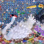 A rectangular shaped mural with two mute swans. Swans are facing each other and made with packages of household products and plastic utensils . A heron on the right with a red color tear below its eye. The heron is made out of electrical cords, fishing line, plastic waste and disposables. Next to the heron, there are reeds that are made out of cigarette butts and PPE. The whole habitat are made out of different types of disposable household and school supplies.