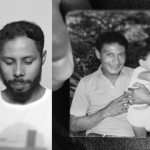 Split black and white image of an individual in present day juxtaposed with a vintage image presumably of them with their parents