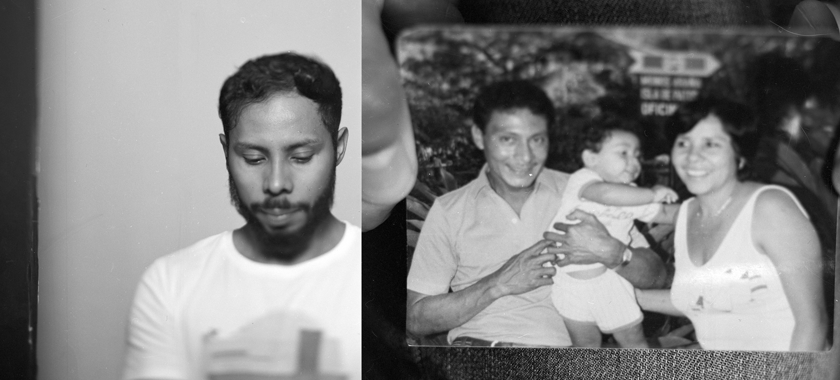 Split black and white image of an individual in present day juxtaposed with a vintage image presumably of them with their parents