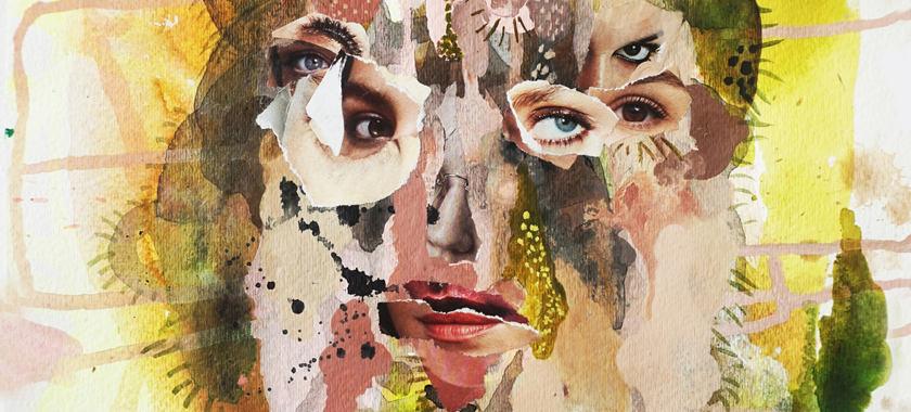 Artwork composed of cut-outs from glossy publications, they have lipsticked mouths, cosmeticized eyes, polished nails, jeweled rings, and other contrived, generic emblems of female beautification and disguise