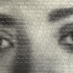 Photo litho print of large eyes gazing directly ahead at the viewer. There are laser-cut words on the eyes and eyebrows which are Persian repeated words and the area of the cut text makes up a parallelogram and the overall color scheme is different shades of gray.