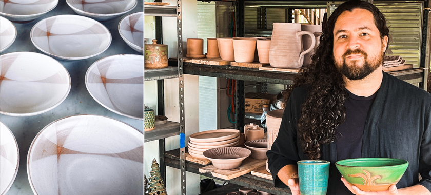 Image of Gamalier Soto Domínguez's ceramic work, and Gamalier Soto Domínguez with work in studio