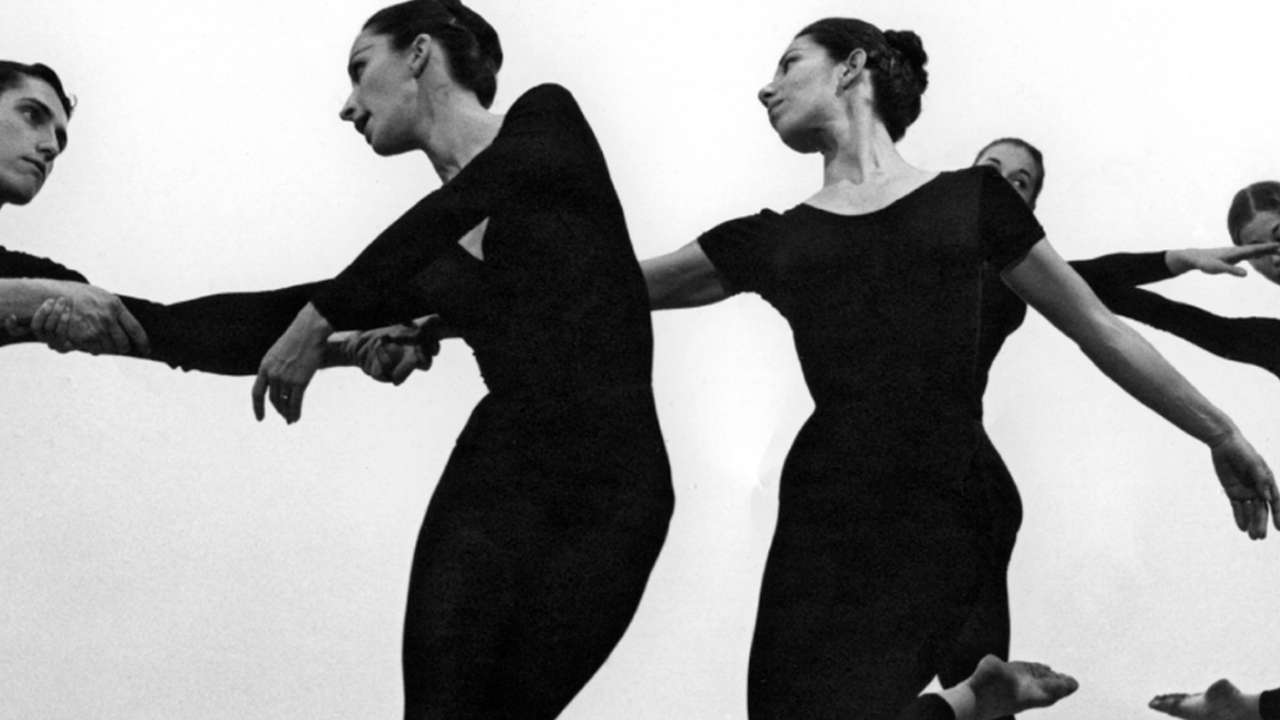Black and white photo of Merce Cunningham dancers, taken by Robert Rauschenberg