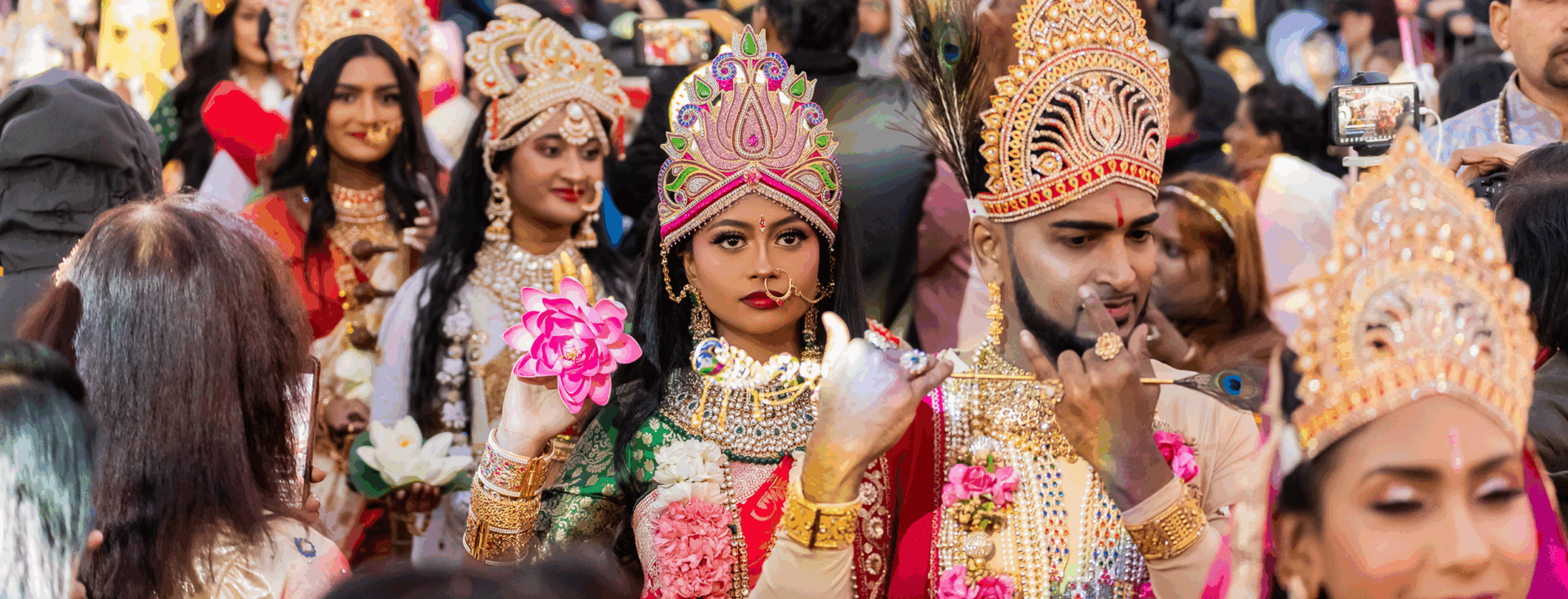 Photo of some of the Goddesses as they made their entrance onto the stage as part of Divya Jyoti Association's Diwali Motorcade event in Queens