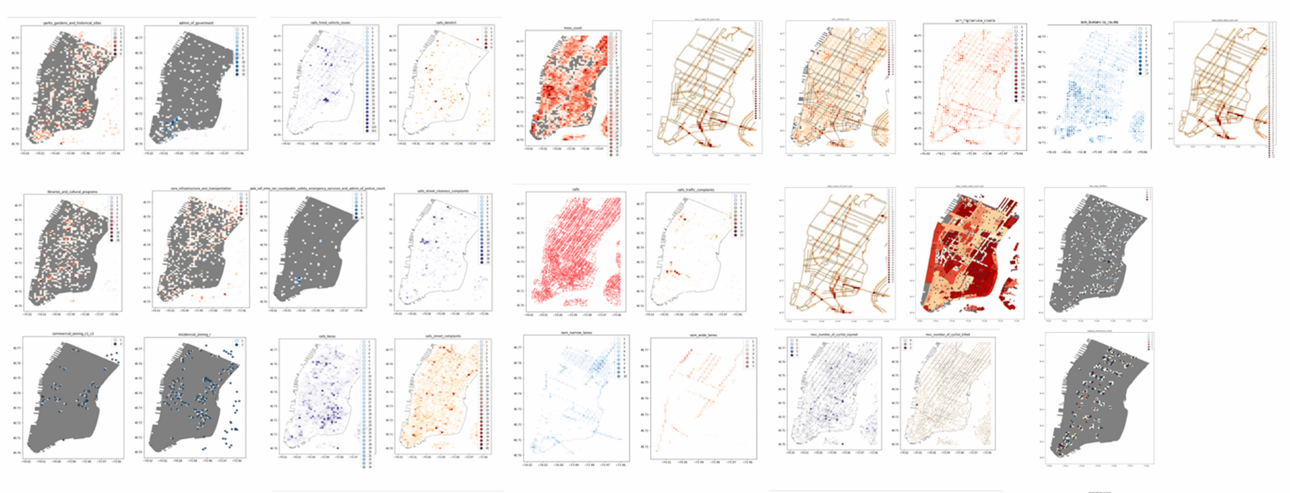 Thumbnail images of maps of NYC with various datasets visually represented overtop