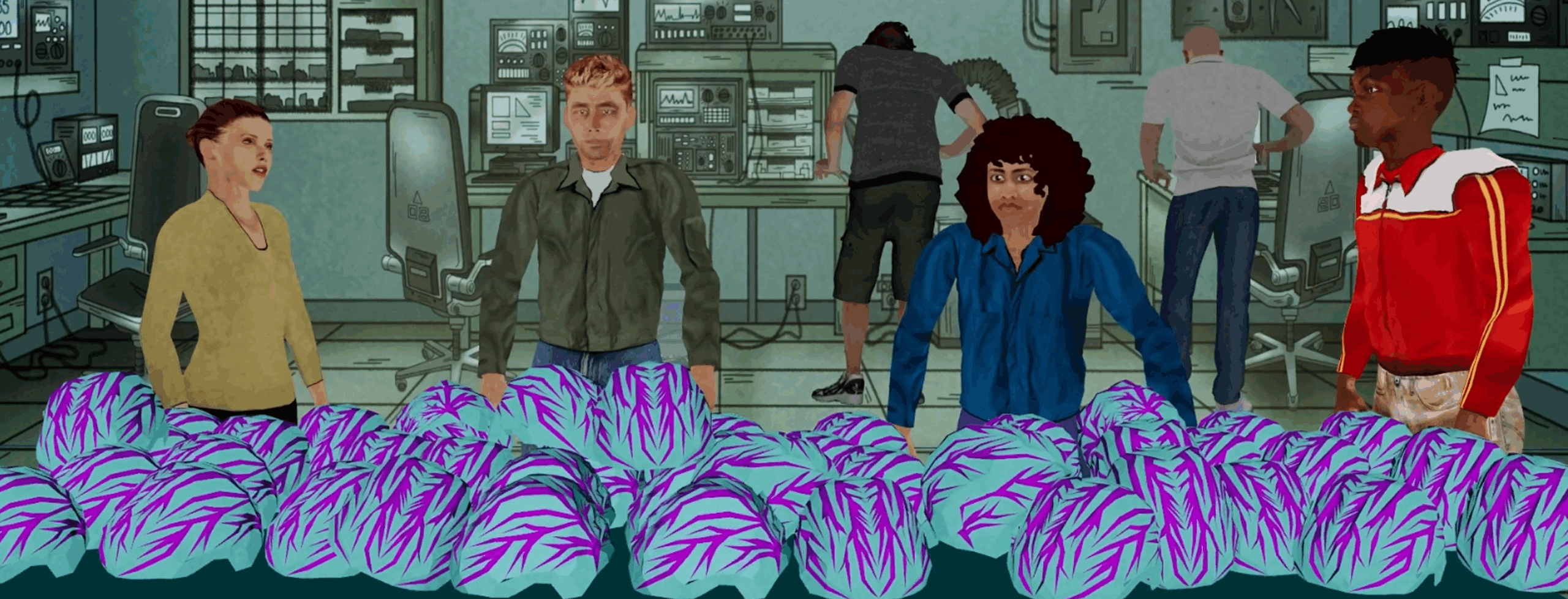 Animated individuals in a factory-like space, with bike helmets on a table and various electronic equipment in the background