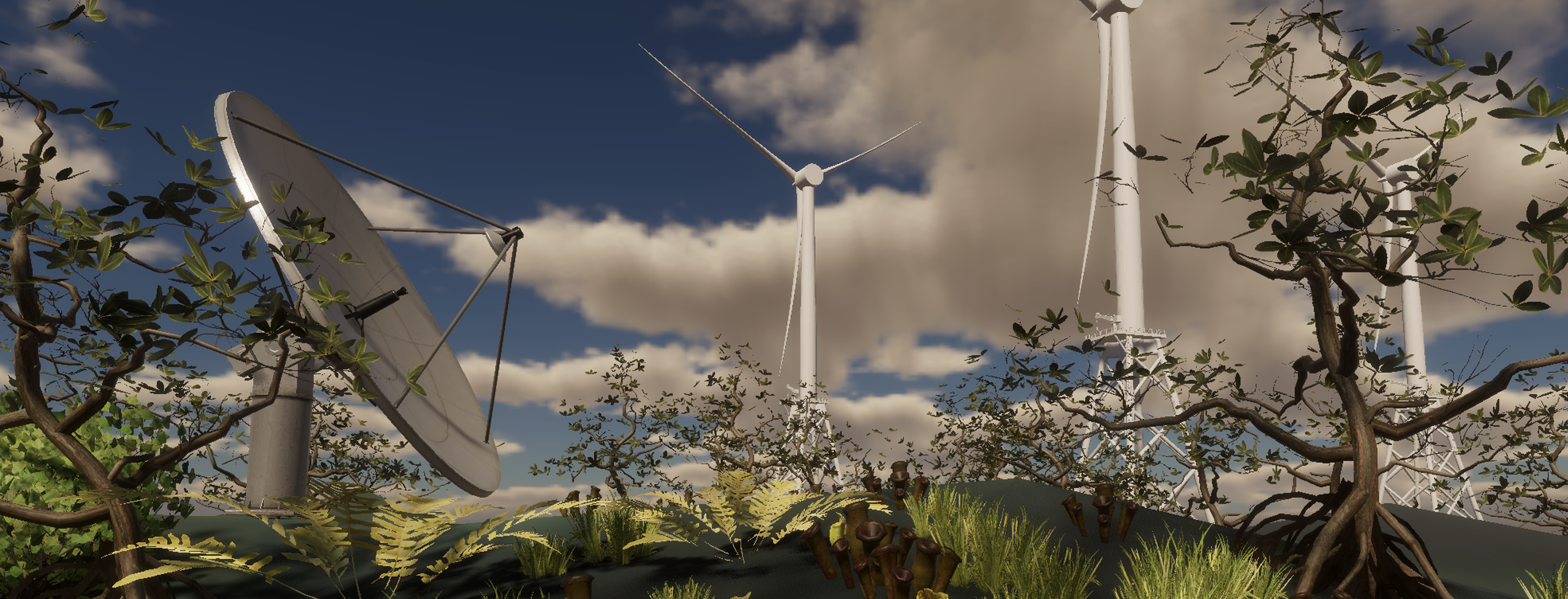 A coastal scene of Potter's Pond, RI in 2100; there is a satellite dish, multiple wind turbines, and a sprawling abundance of plant and animal life.