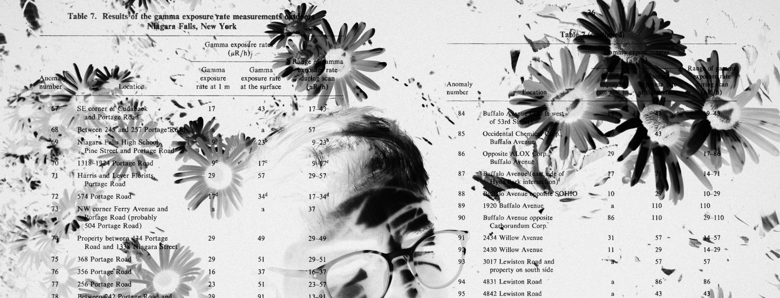 Black-and-white, inverted-tone image layers a portrait of Alex O’Malley—wearing glasses and looking downward—over the printed results of the 1985 Oak Ridge National Laboratory gamma radiation surveys of Niagara Falls, New York.