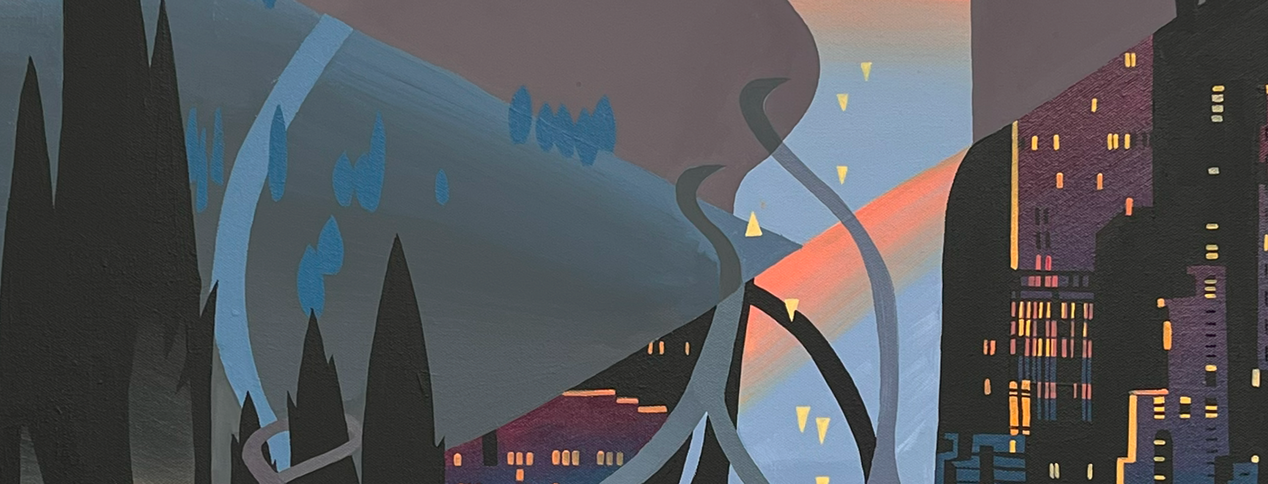 Detail of a painting that interweaves a more rural mountainous setting with that of a big city, with tall buildings and cars on a freeway