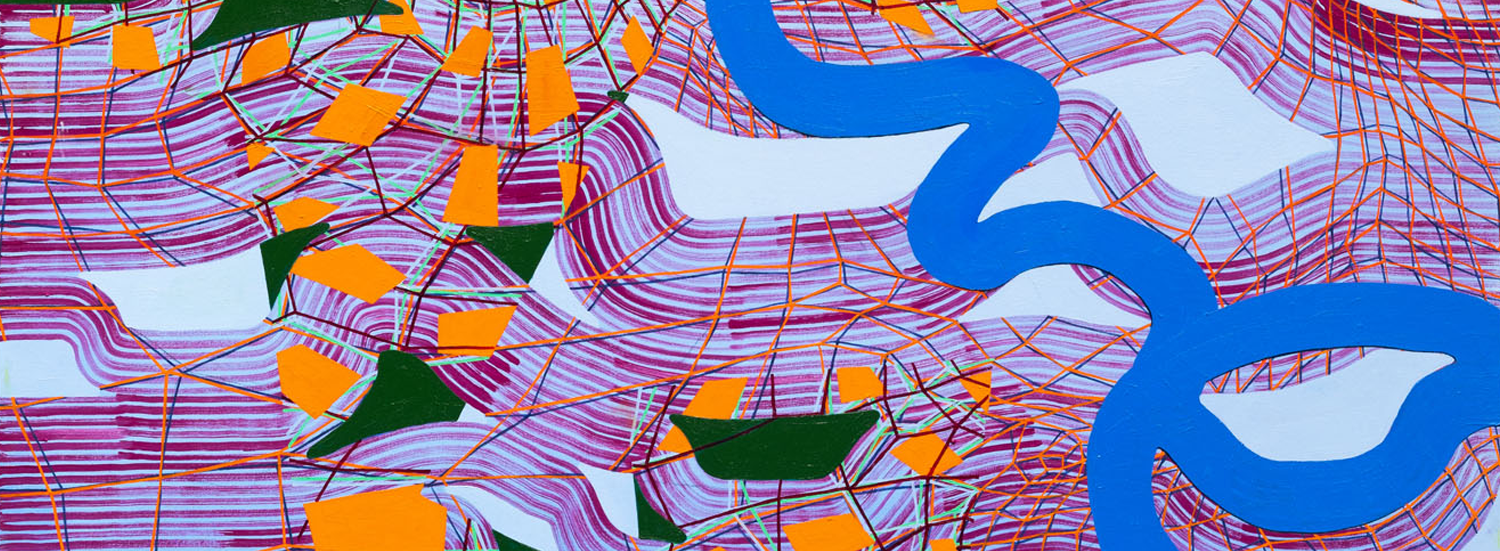A thick blue line weaves from the top left to bottom right of the painting, with complex green and orange patterning over top. Thick red-colored lines also run through the painting, textured to look like mesh.