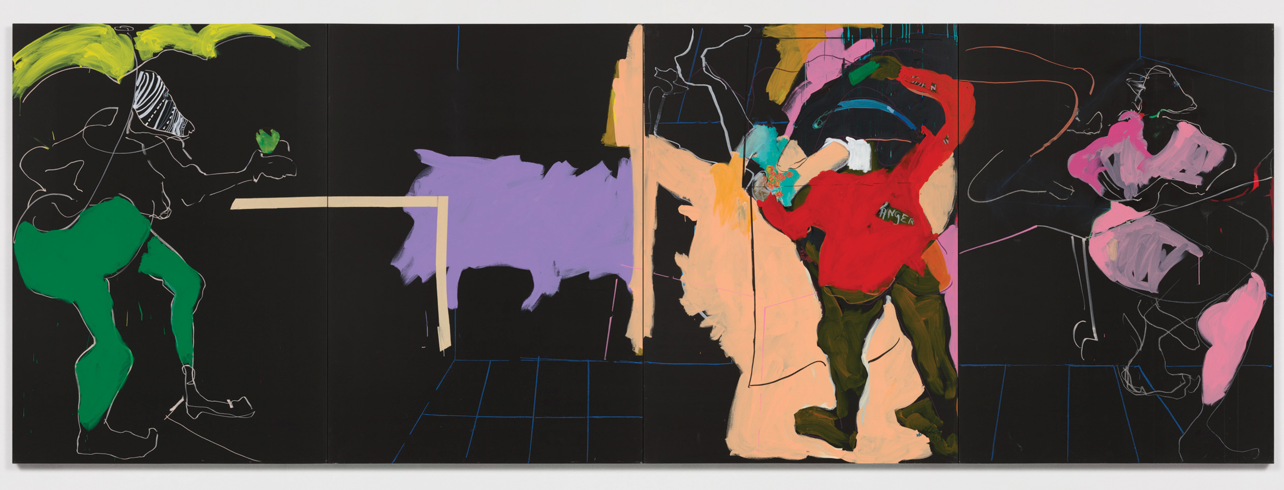 Large-scale painting by Mary Lovelace O'Neal: with a mostly black background with white lines and bright colors overtop