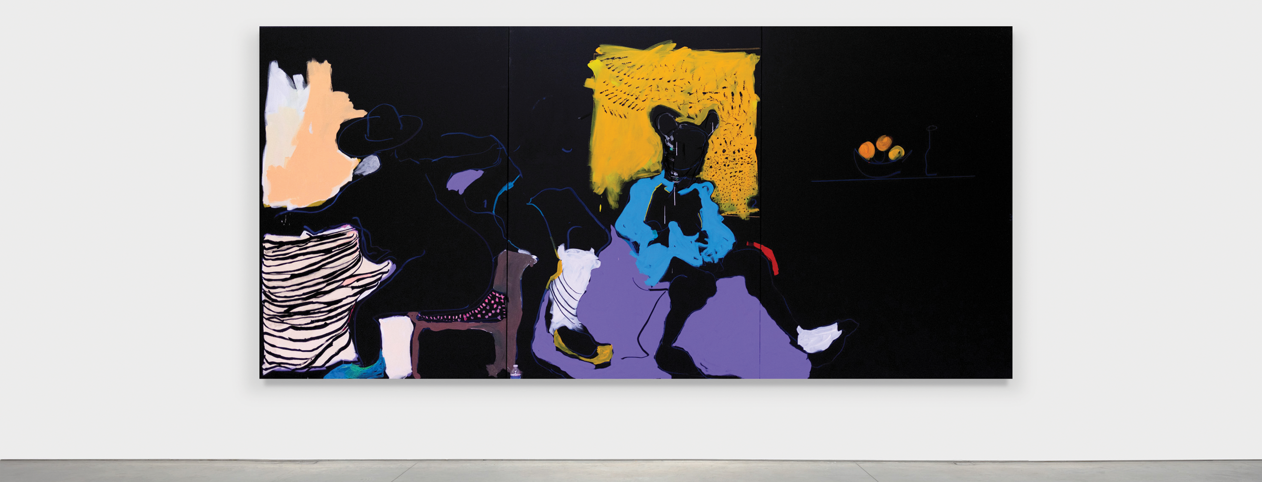 Large-scale painting by Mary Lovelace O'Neal with a central figure and what appear to be two others at her side--referencing the iconic marble sculpture of Jesus and Mary