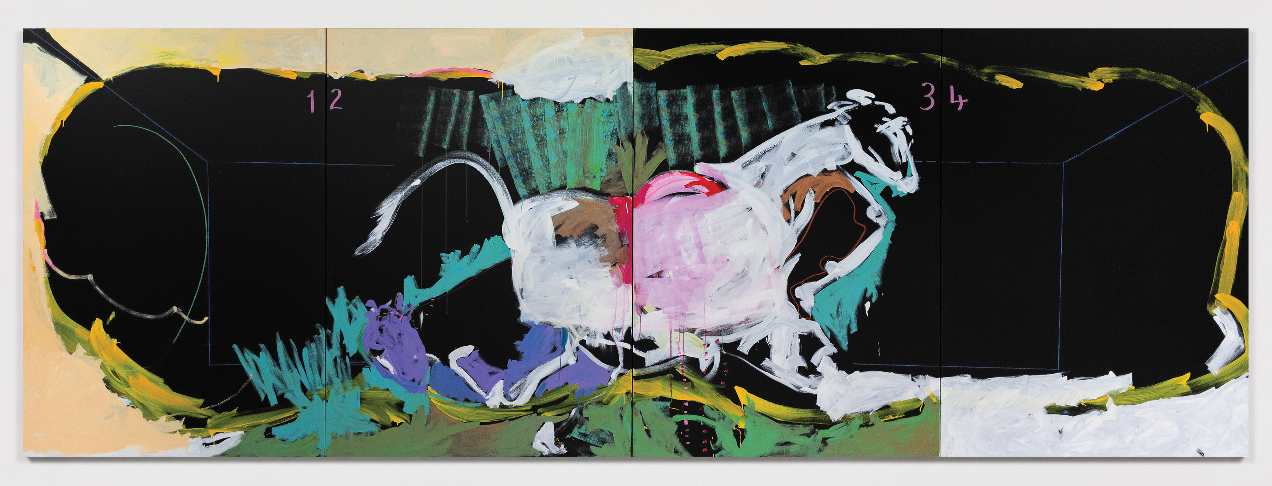 Large-scale painting by Mary Lovelace O'Neal that appears to have a horse at its center in white, moving on a mostly black background.