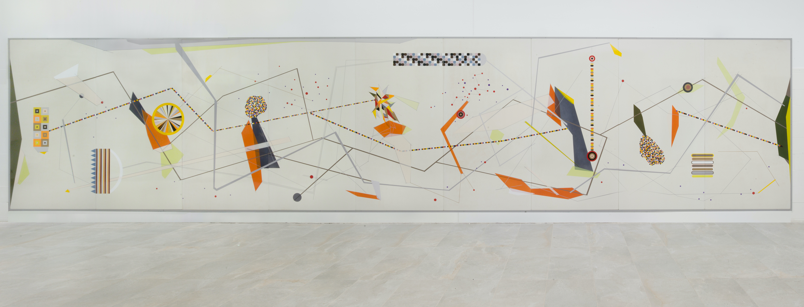 Large-scale mural with angular lines and geometric shapes--by Dannielle Tegeder, commissioned by the NYC Department of Education and the NYC School Construction Authority, in collaboration with the NYC Department of Cultural Affairs Percent for Art Program