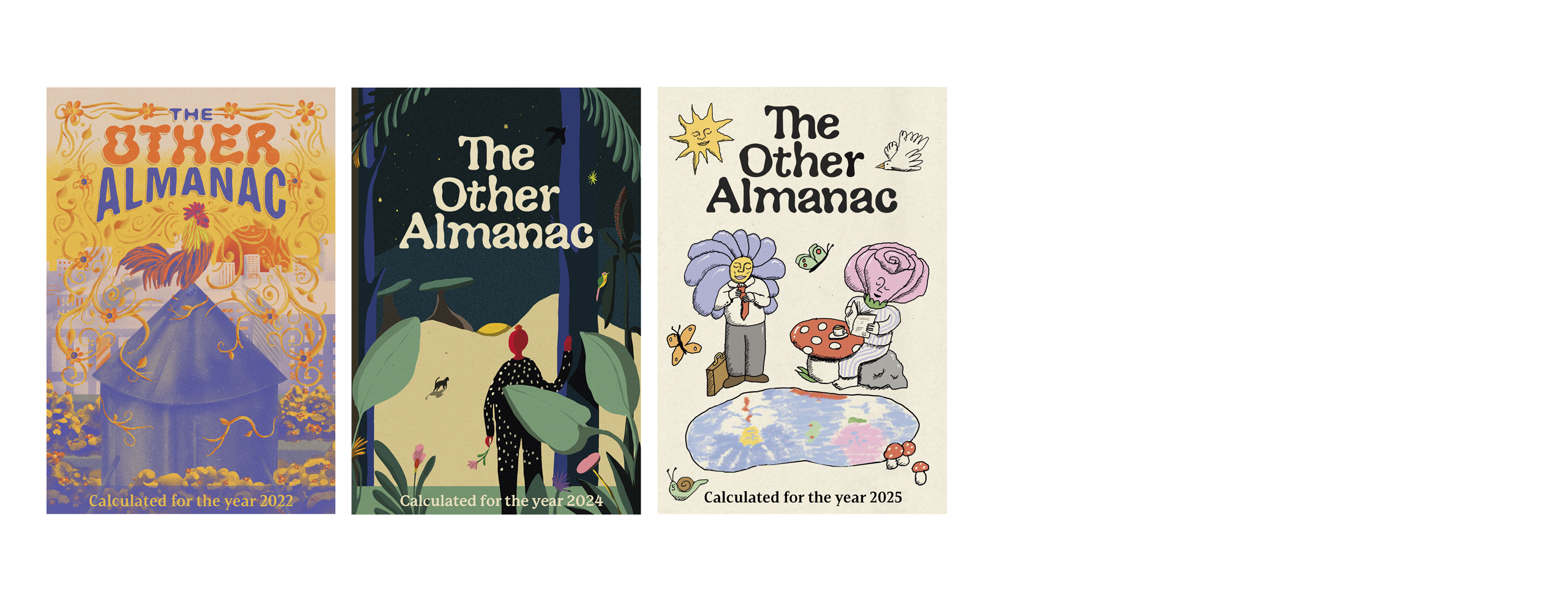 Three book covers showing colorful art of nature and cities done by three different artists. They all say The Other Almanac in wiggly font on the top and the year they were published on the bottom.