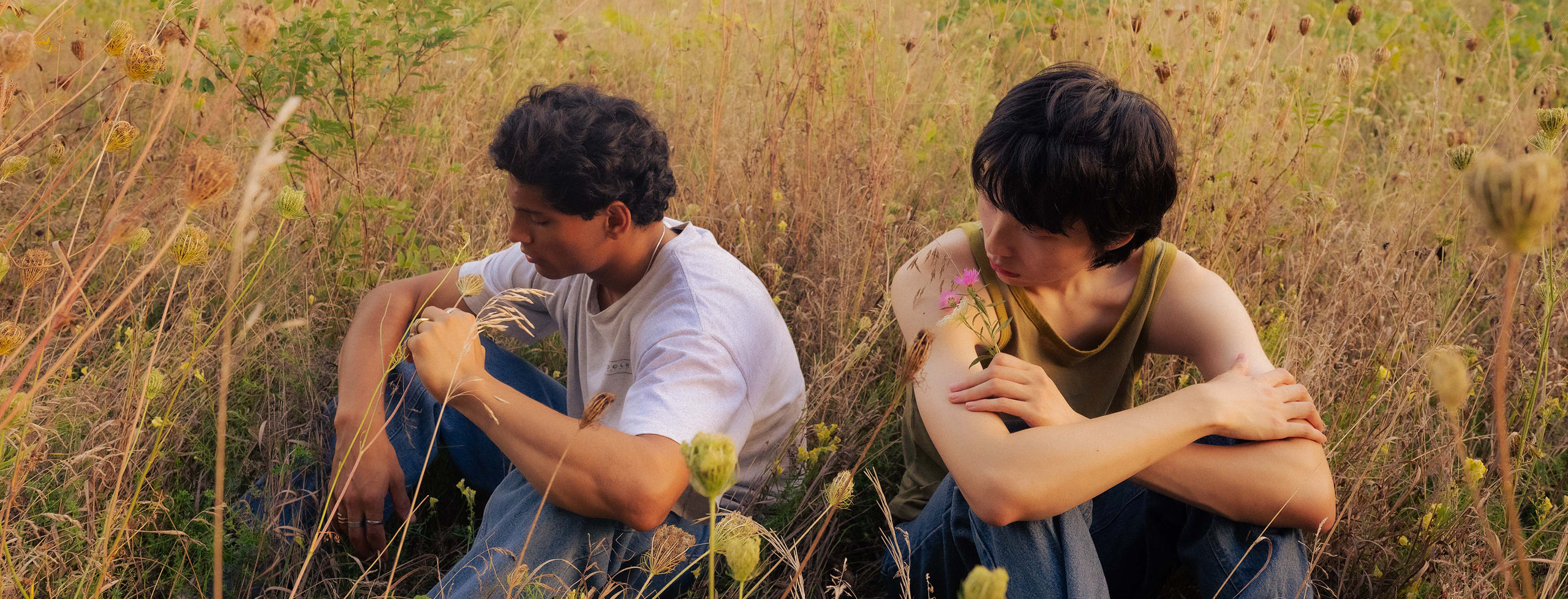 Two young men seated in a field of wildflowers