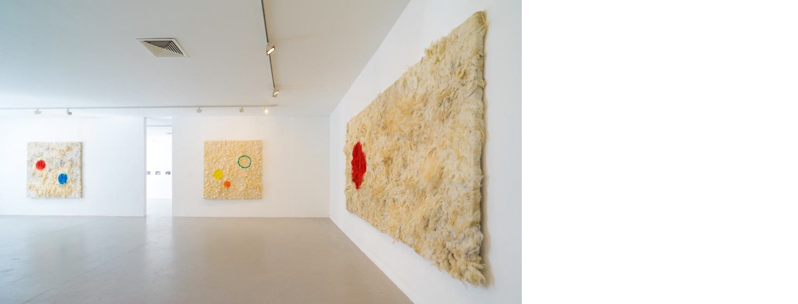 White-walled, nicely lit gallery with three wool-based works by Brigitta Varadi on display.