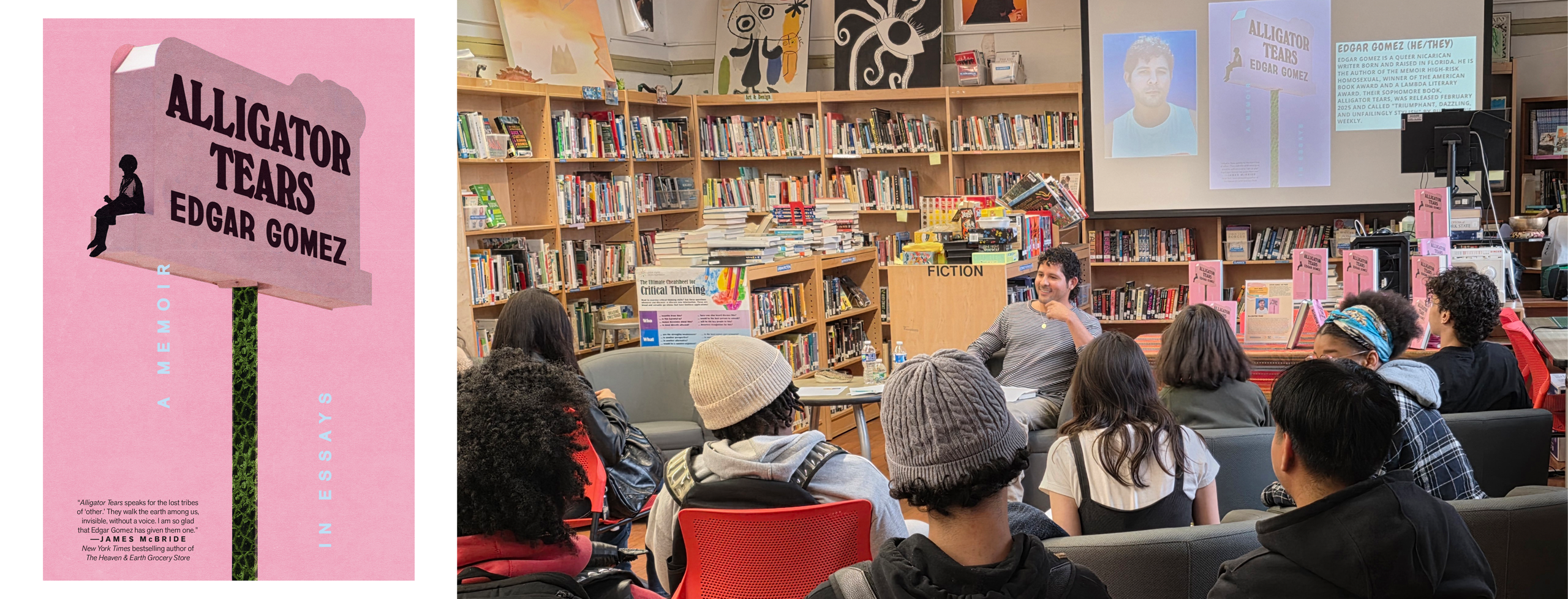 Image composite featuring the "Alligator Tears" book cover (L) and author Edgar Gomez giving a reading at City As School in Manhattan (L)