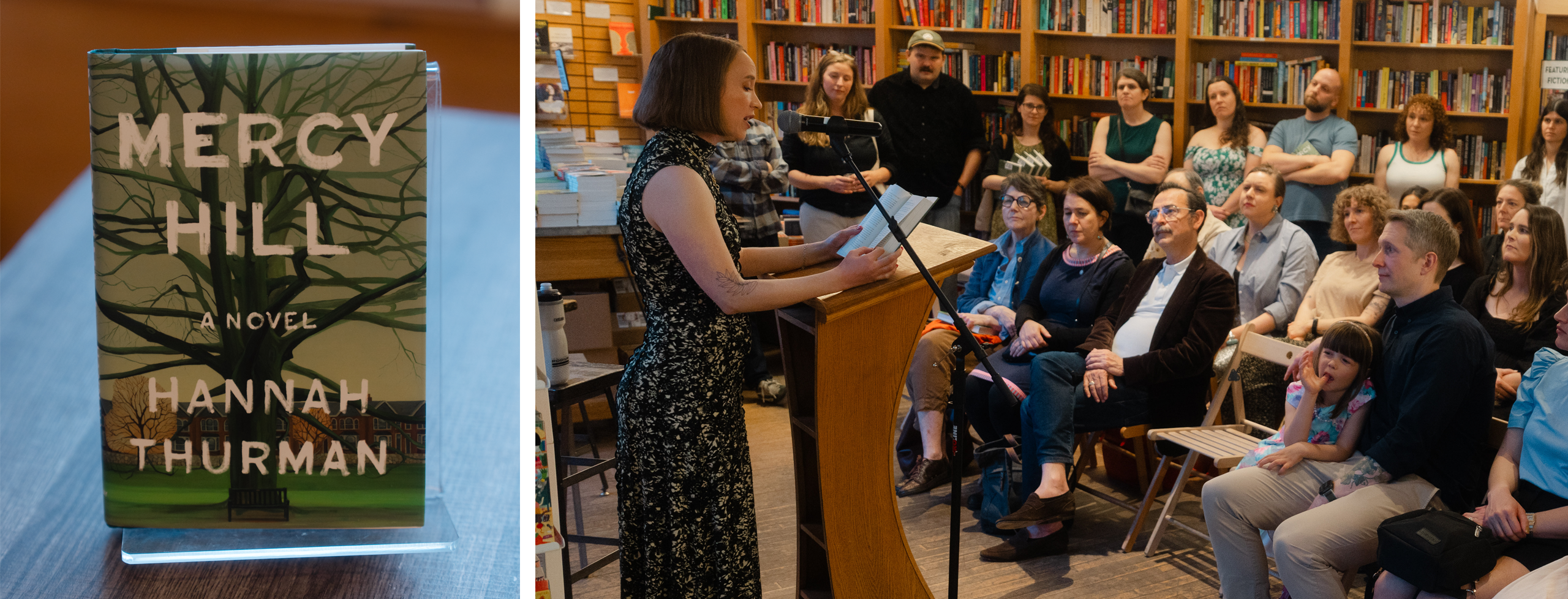 Image composite featuring the "Mercy Hill" book cover (L) and Hannah Thurman reading from "Mercy Hill" at her book launch event (R)