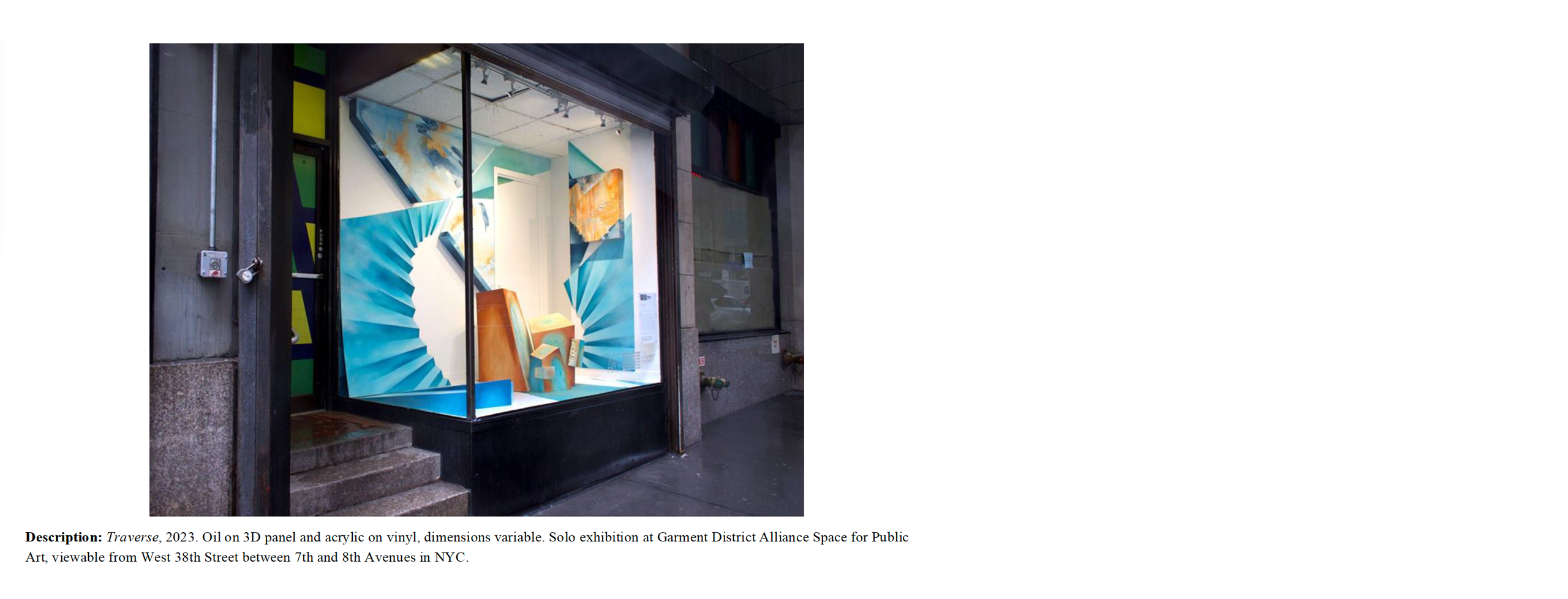 Image of Kelly Olshan's "Traverse" as it was installed in a solo exhibition space on W. 38th Street in New York, NY.
