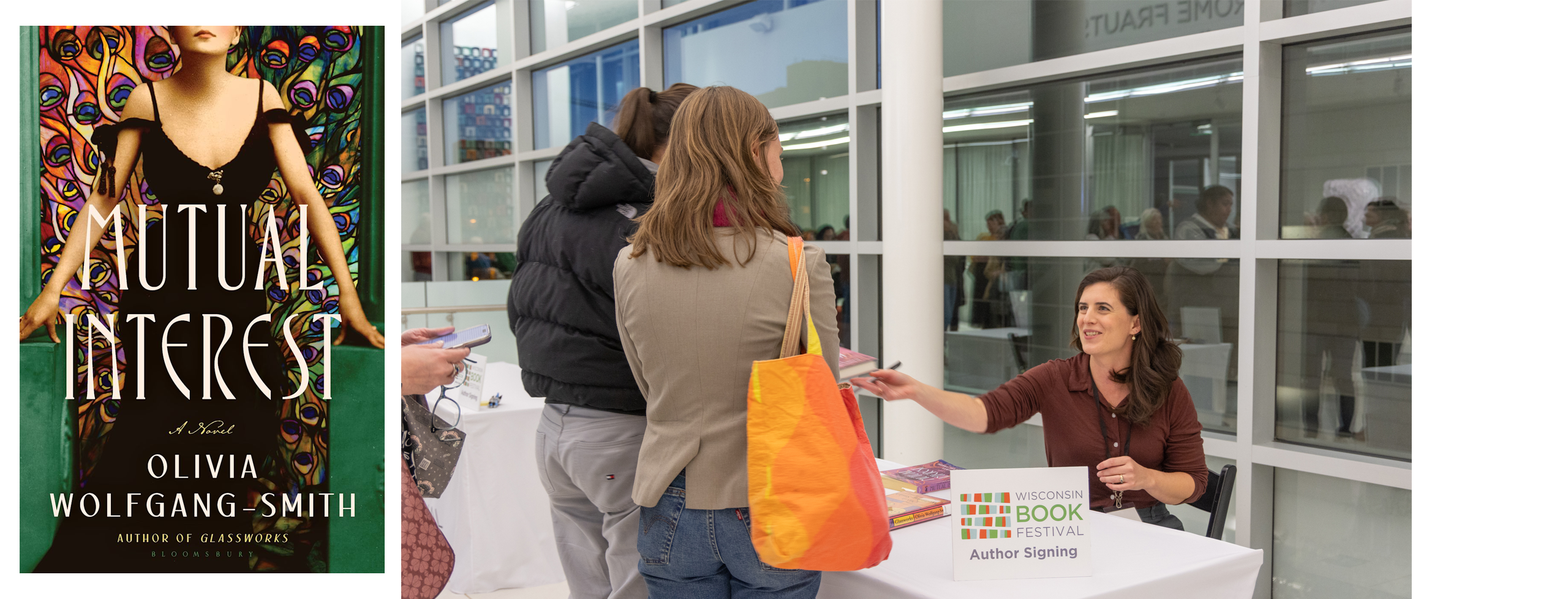 Image composite featuring the "Mutual Interest" book cover and Olivia Wolfgang-Smith signing books at a book festival