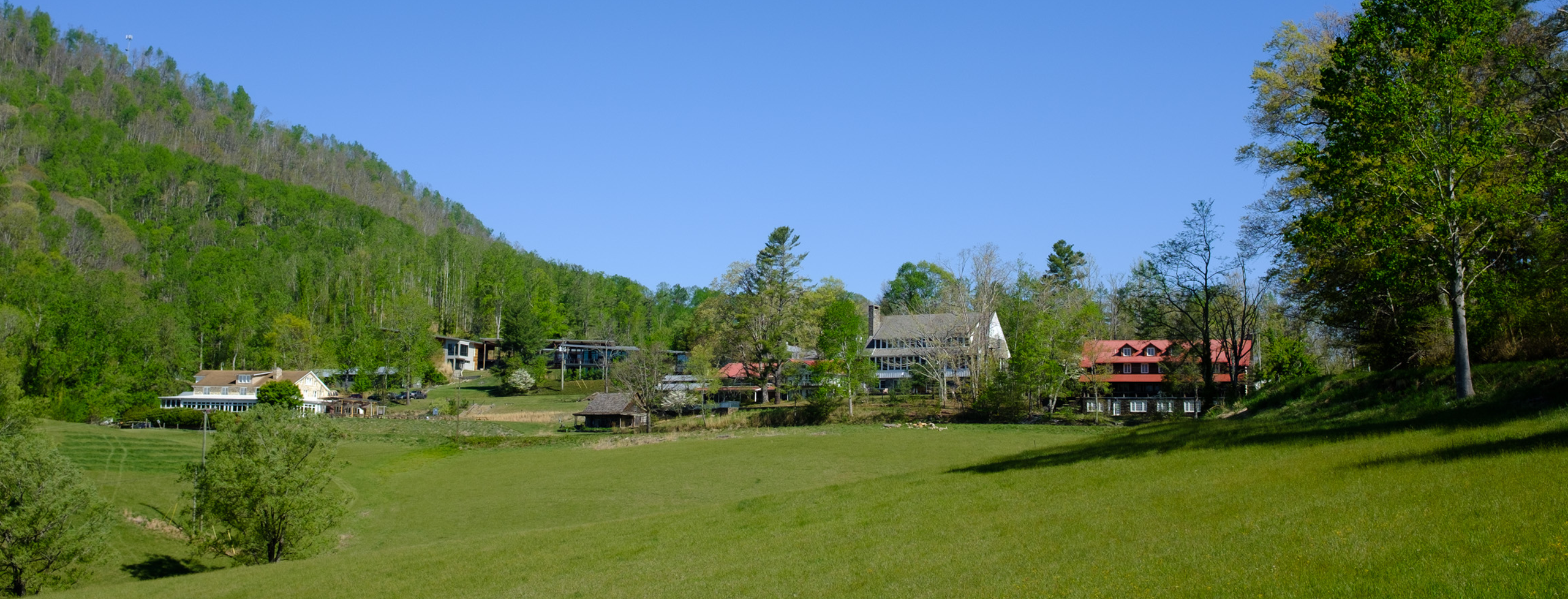 A view of the Penland campus with lots of trees and greenery around a series of buildings