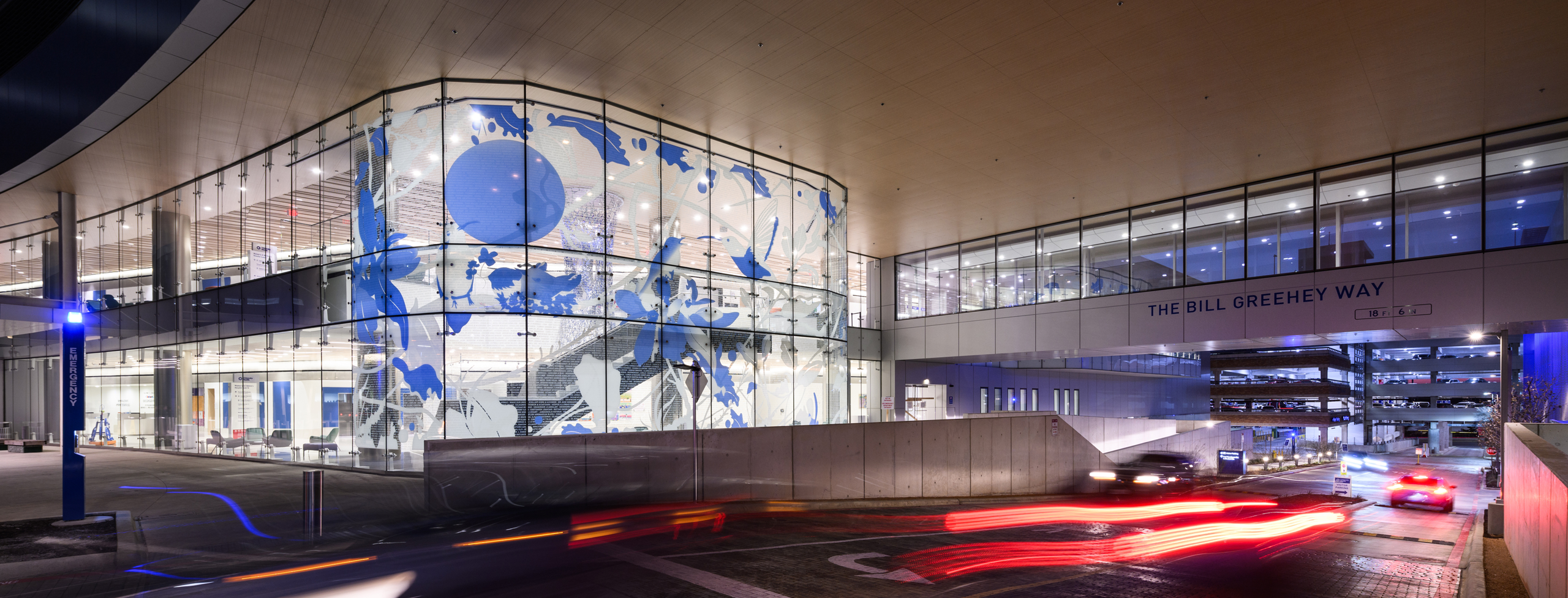 A large glass façade displays a multi-story artwork featuring flying birds, tree branches, and abstract blue and white shapes. The illuminated building sits above a busy drive labeled “The Bill Greehey Way,” with cars passing below at night.