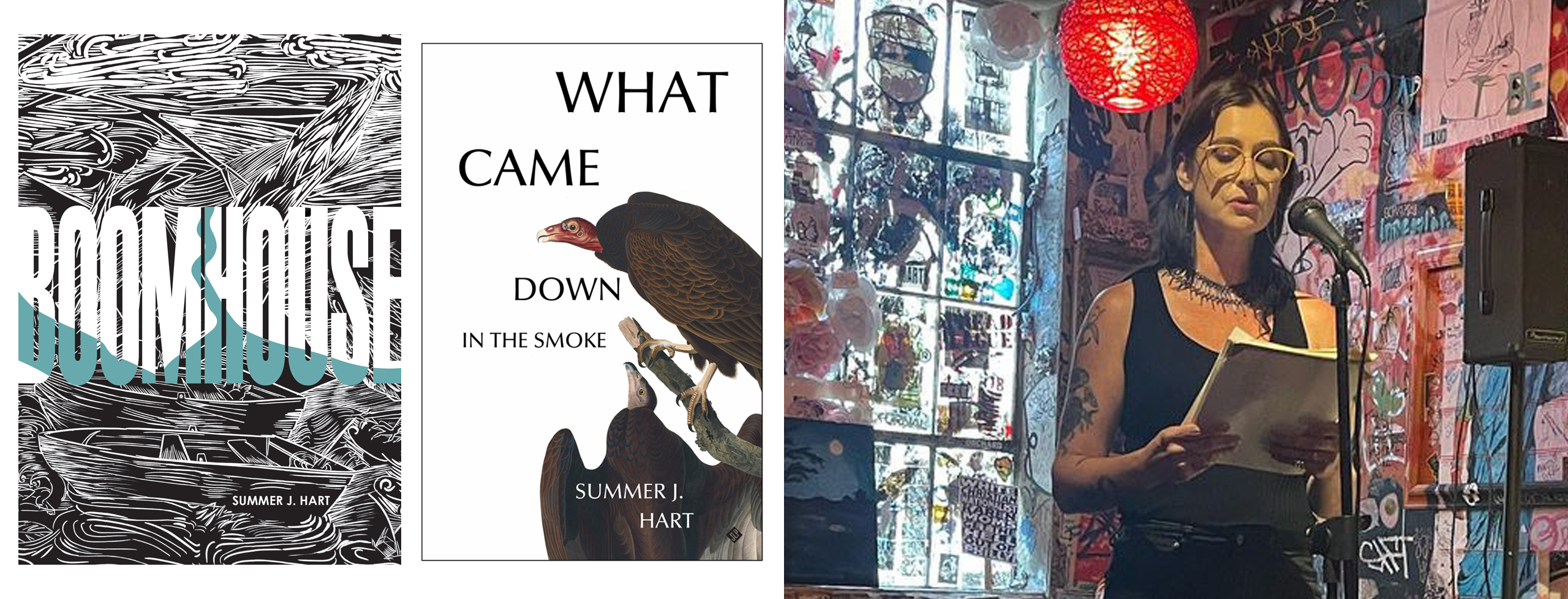 Image composite featuring the "Boomhouse" and "What Came Down in the Smoke" book covers next to author Summer J. Hart doing a reading at a microphone in a bar-like setting
