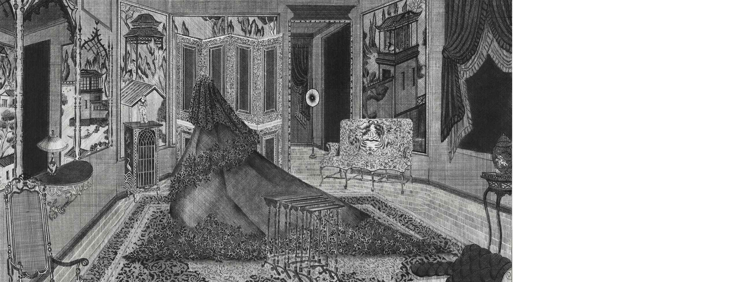 A detailed ink drawing of an ornate interior featuring a Victorian mourning dress surrounded by Gothic and East Asian architectural elements, decorative furnishings, and patterned surfaces.