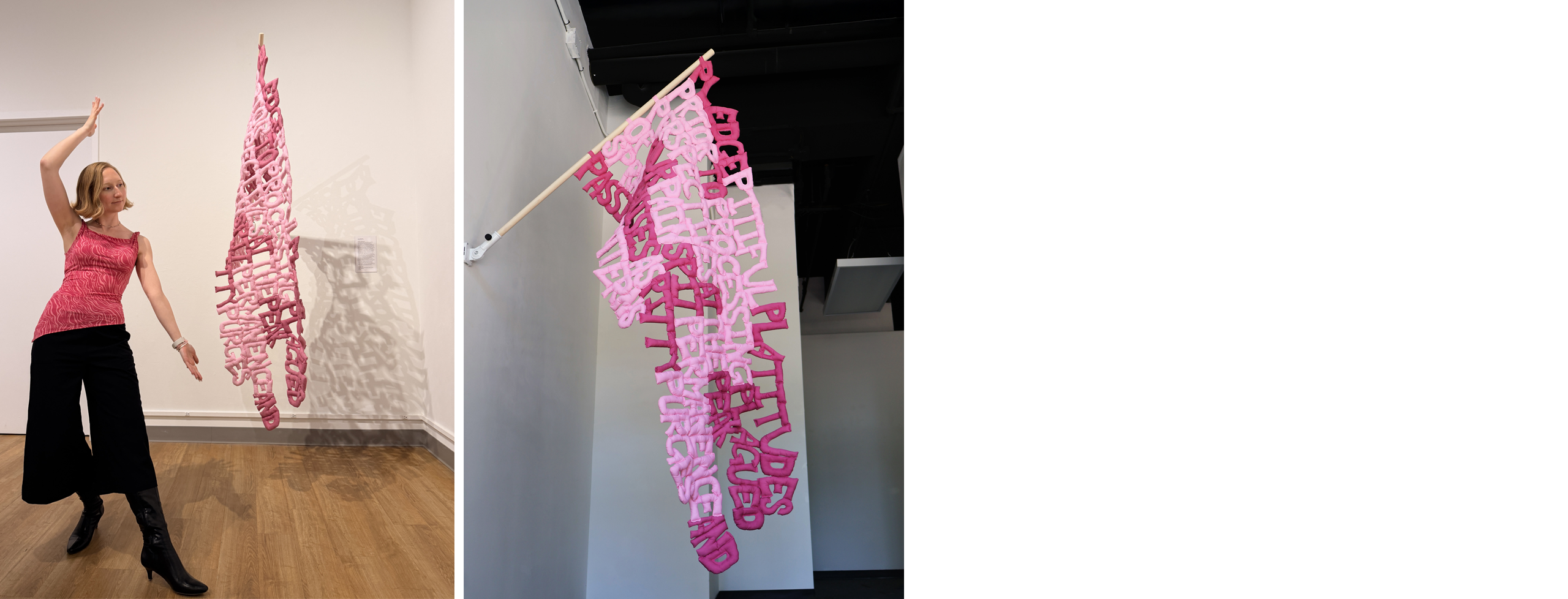 Two images side-by-side. On the L is the artist, a white women with a blonde bob, gesturing to the pink artwork made of alternating light and dark pinks. On the R is the full legible profile of Warfield's "Pledge" which reads: PLEDGE PITIFUL PLATITUDES PRIOR TO PROCESSING PLAGUED PERSPECTIVES AT THE PEAK OF YOUR PAIN SPIT PERMANENCE AND SPRAY PRAISES AS PITTY PURGES PASSING PATTERNS